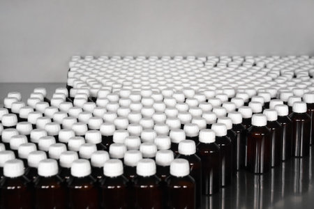 Production line conveyor with plastic bottles in a factory. pharmaceutical industry.の写真素材