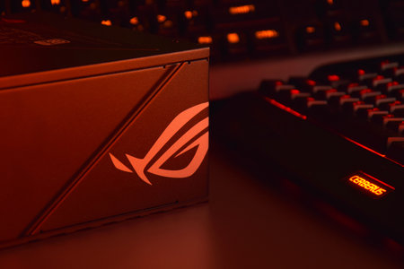 UKRAINE, KHARKIV, NOVEMBER 14, 2022: Computer AC power supply Asus Rog Thor 1000w on a dark background.のeditorial素材