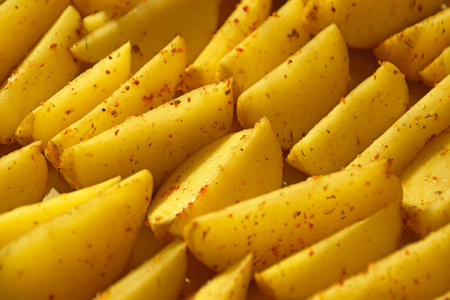 Rustic French fries, cut into thicker slices, served with herbs and salt. background.の写真素材