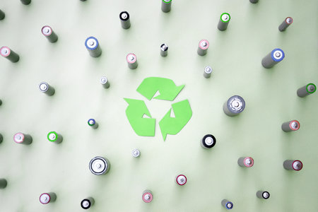 Used AA batteries and proper disposal of environmentally and soil-toxic batteries on a green background. The concept of processing harmful and recyclable objects.の写真素材
