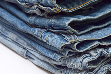Lots of jeans pants in a stack. Denim background. The concept of buying, selling, shopping and trendy modern clothes.の写真素材