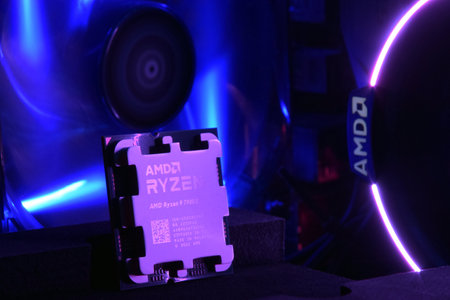 UKRAINE, KHARKIV, NOVEMBER 14, 2022: Close-up of an AMD Ryzen 9 3900X processor, against the backdrop of coolers with light.のeditorial素材