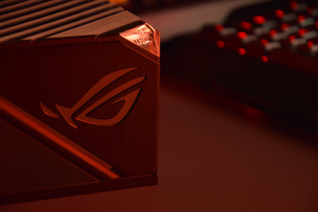 UKRAINE, KHARKIV, NOVEMBER 14, 2022: Computer AC power supply Asus Rog Thor 1000w on a dark...