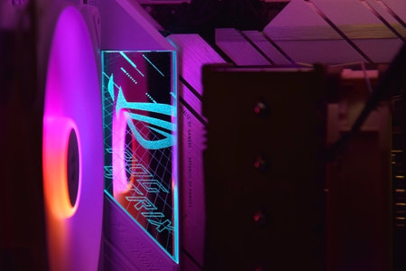 UKRAINE, KHARKIV, DECEMBER 29, 2022: Luminous panel for ASUS ROG Strix X670E Gaming Wi-Fi motherboardのeditorial素材