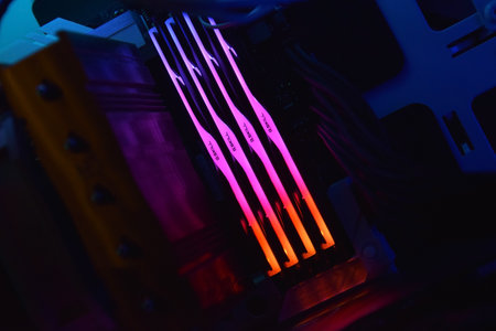 UKRAINE, KHARKIV, DECEMBER 29, 2022: Luminous panel package of G.Skill ddr 5 trident z 5 rgb desktop memory on light background.のeditorial素材