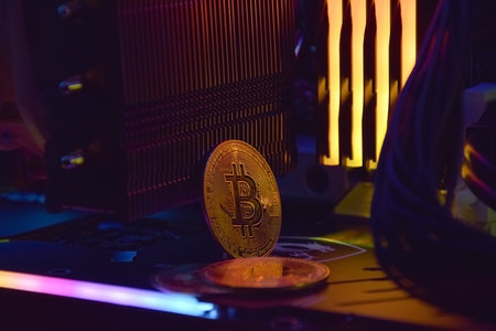 UKRAINE, KHARKIV, NOVEMBER 14, 2022: Bitcoin digital money on a backlit video card. Concept of digital money is becoming a competitor in major currencies such as the dollar.のeditorial素材