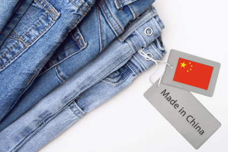 Lots of jeans pants in a stack. Denim background.の写真素材