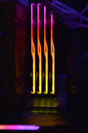Luminous panel package of G.Skill ddr 5 trident z 5 rgb desktop memory on light background.のeditorial素材