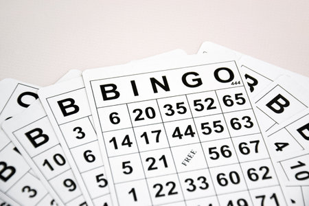 A lot of cards for a board game of bingo or lotto on a light background. Russian Lotto has the same rules as the classic worldwide bingo game.の写真素材
