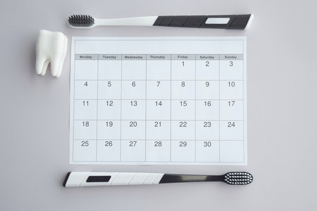 Toothbrushes with a small figure of a tooth on a light background. dental health concept.の写真素材