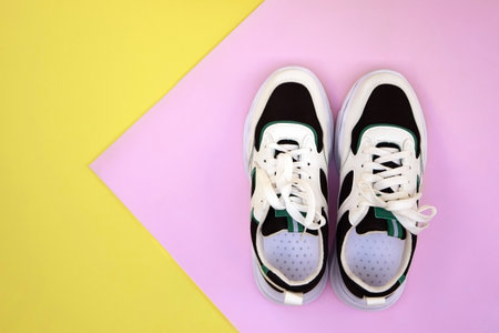 Bright female sneakers on pink-yellow background. Fashion blog or magazine concept. Flat lay top view copy space minimal background.の写真素材