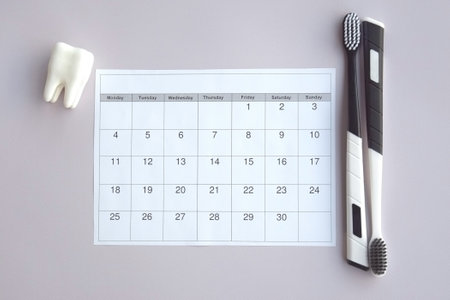 Toothbrushes with a small figure of a tooth on a light background. dental health concept.の写真素材