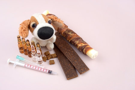 Syringe with ampoules, soft dog toy and treats. The concept of the importance of pet vaccination,...