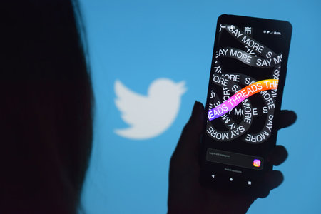 Kharkiv, Ukraine, July 06, 2023: Threads app logo seen on screen. The new application by Meta Platforms is Twitter competitor.のeditorial素材