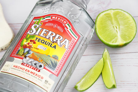 Kharkiv, Ukraine, JULY 11, 2023: Bottle of Sierra tequila on a light background. Tequila is a type of alcoholic drink made from the blue agave plant.のeditorial素材