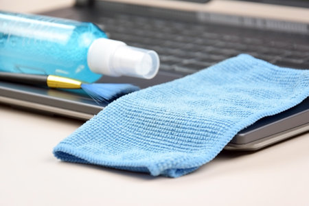 Keyboard, napkin, antiseptic and brushes on a white background. cleaning concept. office cleaning.