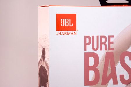 Kharkiv, Ukraine, July 06, 2023: JBL T500 Pink wired headphones with deep bass.のeditorial素材