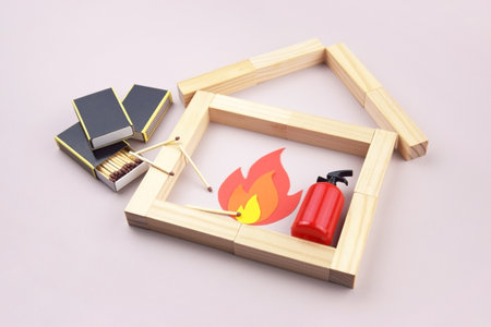 A box of matches placed next to a toy red fire extinguisher against a light background. Fire safety concept. International Firefighter's Day.の写真素材