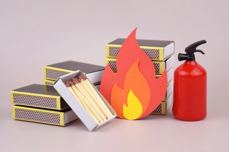 A box of matches placed next to a toy red fire extinguisher against a light background. Fire safety...