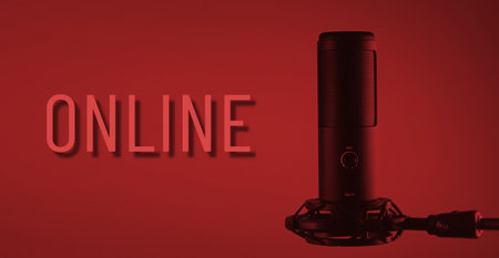 A studio condenser microphone with ONLINE written on a colored background. The concept of vocals, streaming, podcast.の写真素材