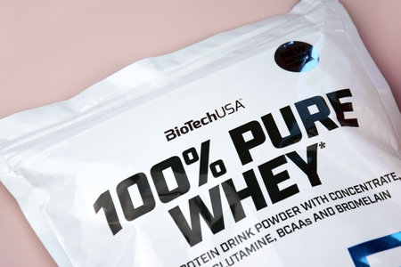 Kharkiv, Ukraine, September 09, 2023: Whey Protein Powder 100 Percent Pure Whey from BioTech USA. Sports nutrition concept. Sports, bodybuilding.のeditorial素材