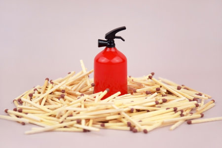A box of matches placed next to a toy red fire extinguisher against a light background. Fire safety concept. International Firefighter's Day.の写真素材