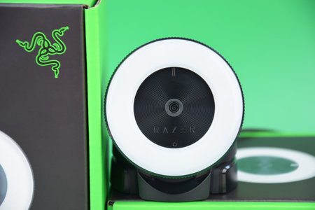 Kharkiv, Ukraine, July 06, 2023: Razer webcam and box with logo.のeditorial素材