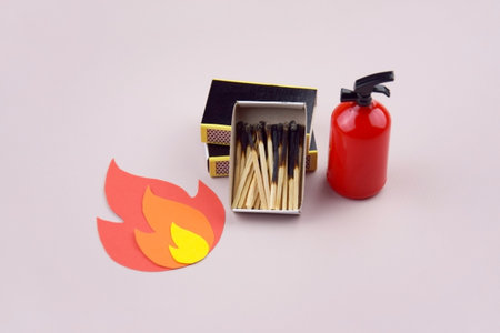 A box of matches placed next to a toy red fire extinguisher against a light background. Fire safety...