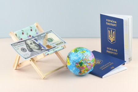 Chaise lounge with dollars, globe and Ukrainian passport on a light background. Tourism concept