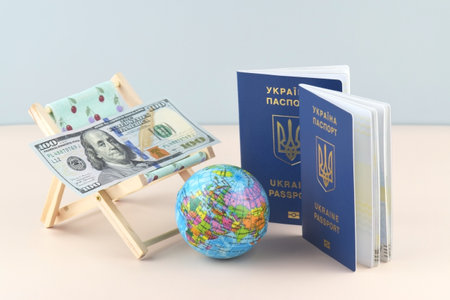 Chaise lounge with dollars, globe and Ukrainian passport on a light background. Tourism concept