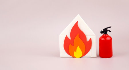 A box of matches placed next to a toy red fire extinguisher against a light background.の写真素材