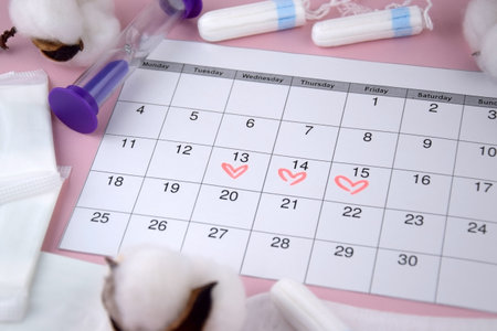 Menstrual pads, tampons, female menstruation calendar and alarm clock on a pink background.の写真素材