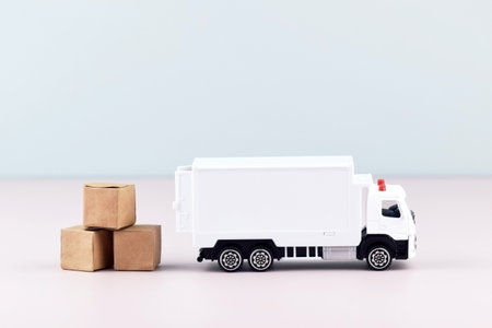 White toy truck with boxes on a light background, space for text.の写真素材
