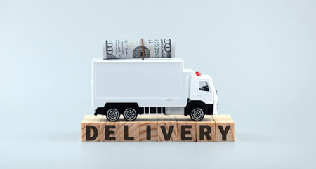 White toy truck on blocks with the text DELIVERY.の写真素材