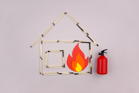 A box of matches placed next to a toy red fire extinguisher against a light background.の写真素材