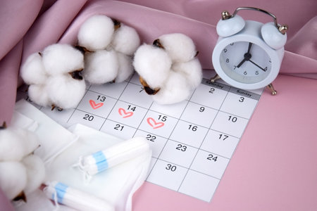 Womens menstrual pads, tampons, female menstruation calendar and alarm clock on a pink background.の写真素材