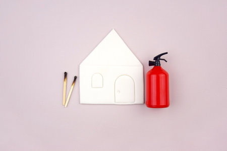A box of matches placed next to a toy red fire extinguisher against a light background.の写真素材
