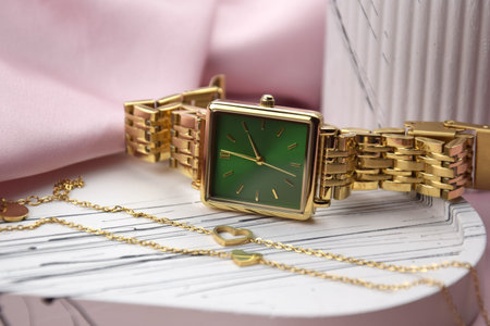 Closeup minimal fashion wristwatch for women on pink background. Fashion and style.の写真素材