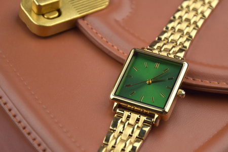 Closeup minimal fashion wristwatch for women on pink background. Fashion and style.の写真素材