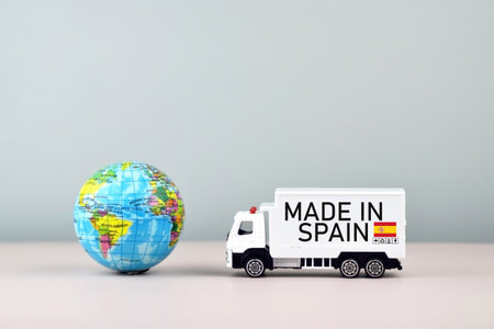 Truck and boxes with the inscription made in Spain. Trade tariffs and competition.の写真素材