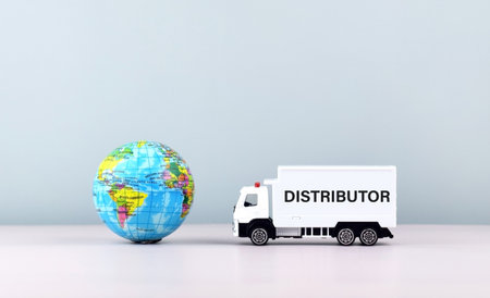 White toy truck on a light background, space for text. Logistics and wholesale trade concept.の写真素材