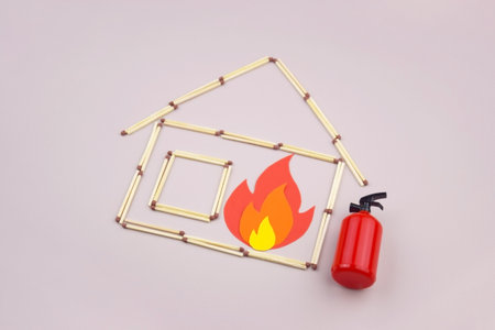 A box of matches placed next to a toy red fire extinguisher against a light background. Fire safety concept. International Firefighter's Day.の写真素材