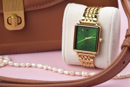 Closeup minimal fashion wristwatch for women on pink background.の写真素材