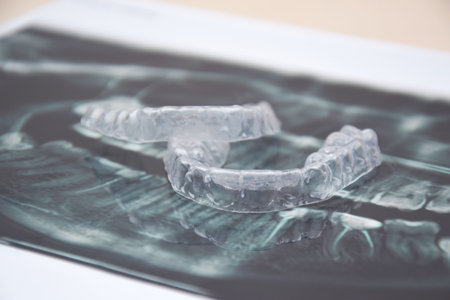 The transparent mouth guards for teeth at night after wearing braces.の写真素材