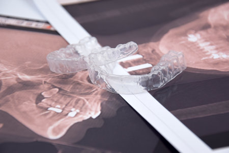 The transparent mouth guards for teeth at night after wearing braces.の写真素材