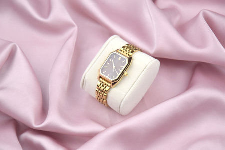 Closeup minimal fashion wristwatch for women on pink background.の写真素材