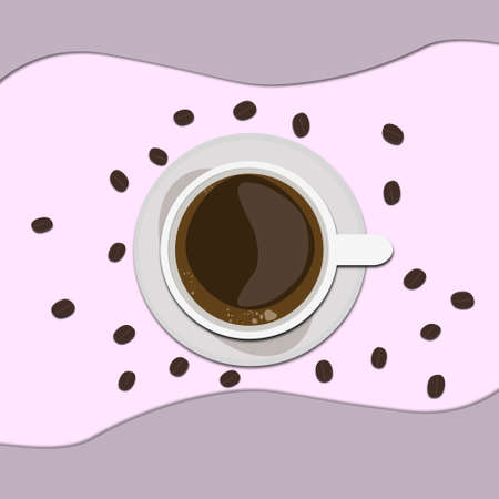Illustration of cooffee cup on pastel pink background with top view angle.の写真素材