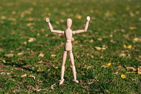 Wooden mannequin raising both hands up! For rent on a background of green grassの写真素材
