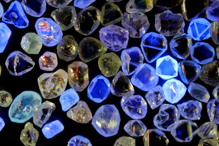 Beautiful fluorescence glow of natural rough diamonds crystal under UV lightの写真素材