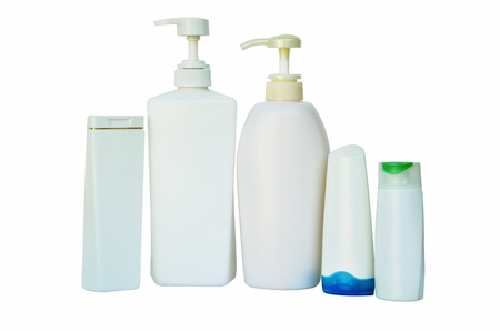 White containers and bottles isolated on white backgroundの写真素材